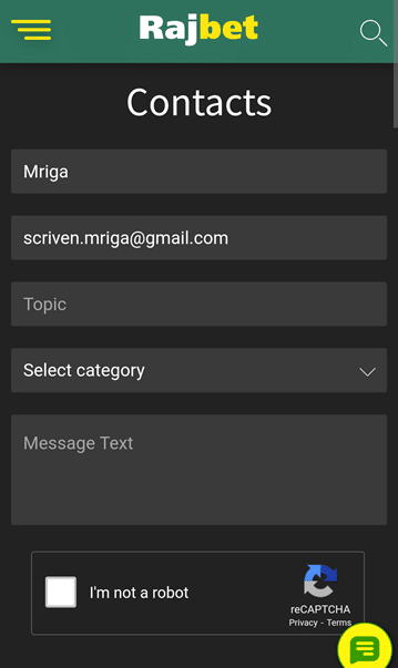 RajBet contact form screenshot mobile