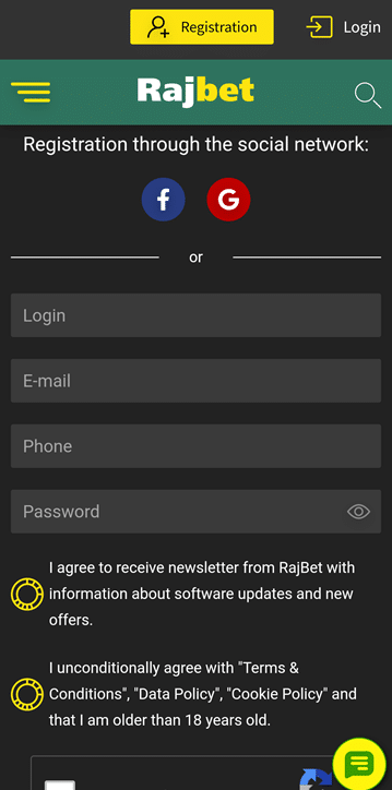 RajBet registration form screenshot mobile
