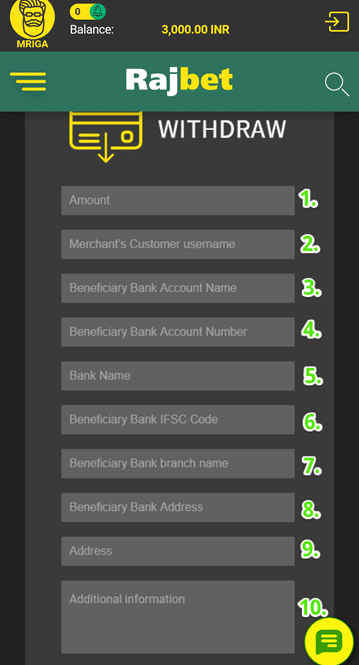 RajBet withdraw form screenshot mobile