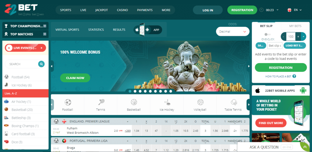 22Bet India homepage interface on PC
