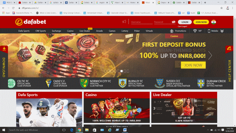 Dafabet site interface on PC
