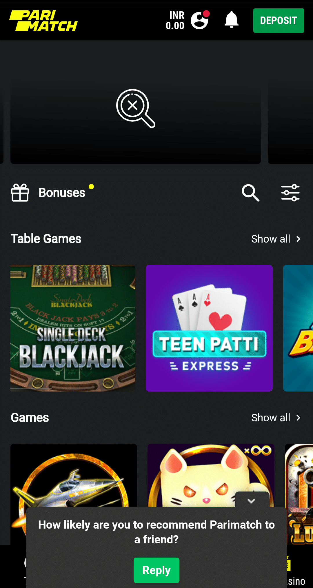 Parimatch online casino interface on mobile